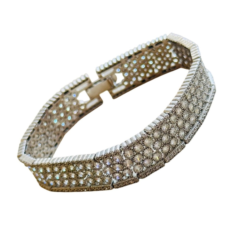 Tennis Iced Out Jeweled CZ Bracelet Silver Rhodium Plated Statement 6.5"